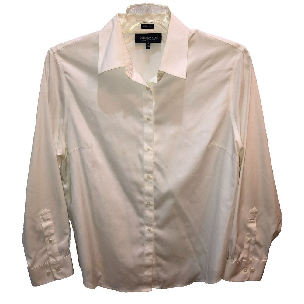 Jones New York Non-Iron Womens 1X White Long Sleeve Button-Up Shirt Top Classic